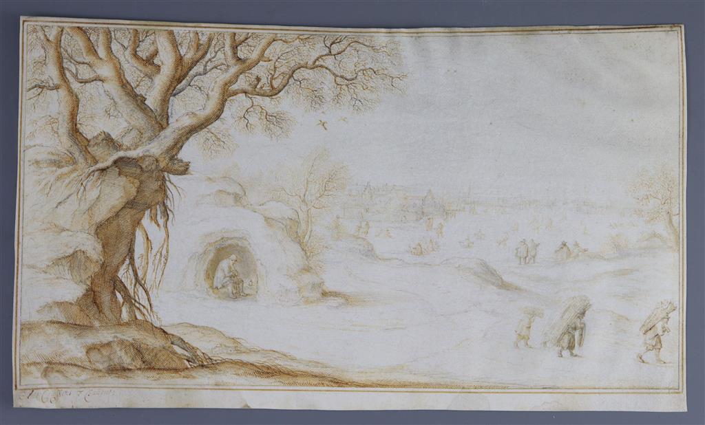 Anton Crussens (c.1635-c.1665) Winter landscape, with a figure in a cave, others carrying faggots of wood and skating on a frozen lake,